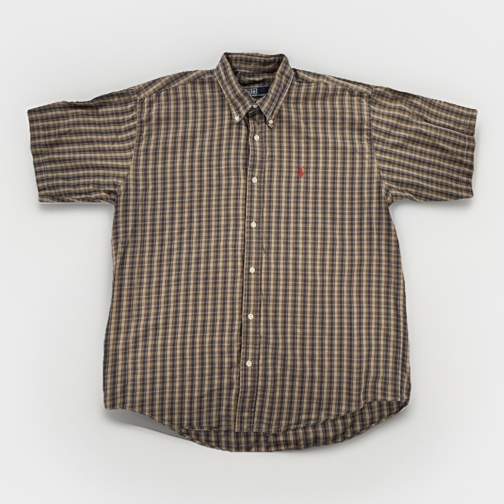 Polo Ralph Lauren 100 Shirt Mens XL Brown Blue Plaid Button Up Short Sleeve